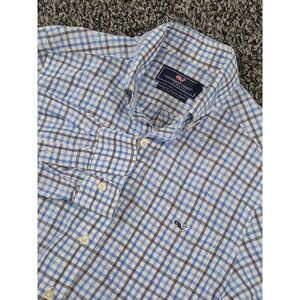 Vineyard Vines Slim Fit Tucker Shirt Plaid Blue Linen‎ Cotton Long Sleeve Small